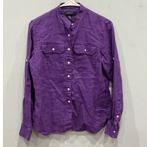Lauren Ralph Lauren Womens Button Up Linen Shirt XS Purple Roll Tab Beach Boho